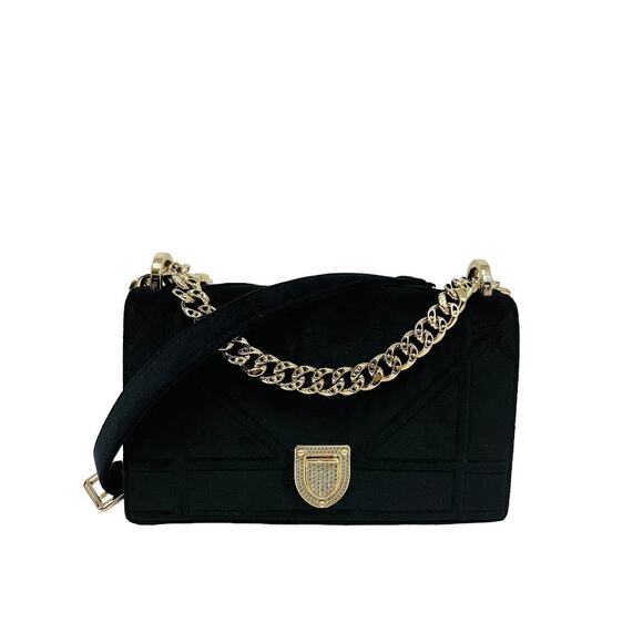 CHRISTIAN DIOR Black Velvet Medium Crystal Gold Chain Diorama Hardware Flap Bag - Picture 1 of 11